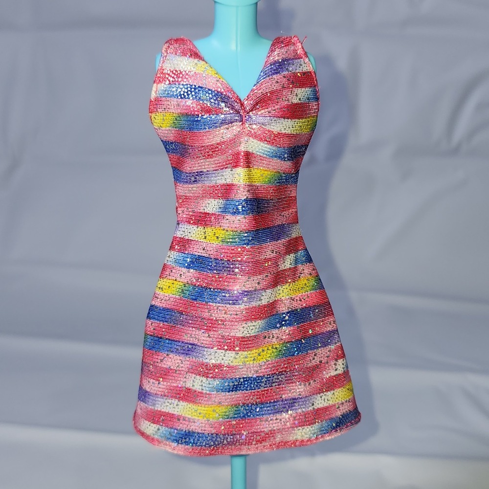 Vintage Barbie DRESS Pink Rainbow Striped Tank Mini Party DRESS ONLY Genuine
